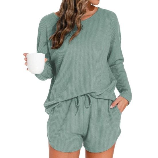 Set Pigiama a Maglia Waffle da Donna, Top Casual a Maniche Lunghe e Pantaloncini, Pigiami 2 Pezzi, Set Lounge con Tasche