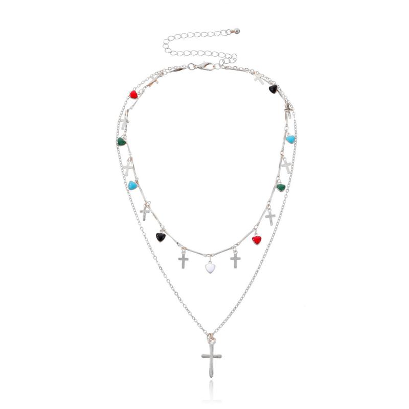 

Эмалевое Сердце Крест Подвеска Ожерелье Красочный Драгоценный Камень Многослойная Цепь Кисточка Капля Ювелирные Изделия Женская Мода Подарок Аксессуар серебряный