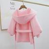 Korean Style Red Wool Cape Coat with Hood and Tie, Lantern Sleeves, Trendy Short Design for Petite Women