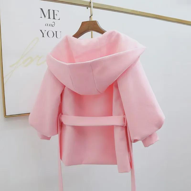 Korean Style Red Wool Cape Coat with Hood and Tie, Lantern Sleeves, Trendy Short Design for Petite Women