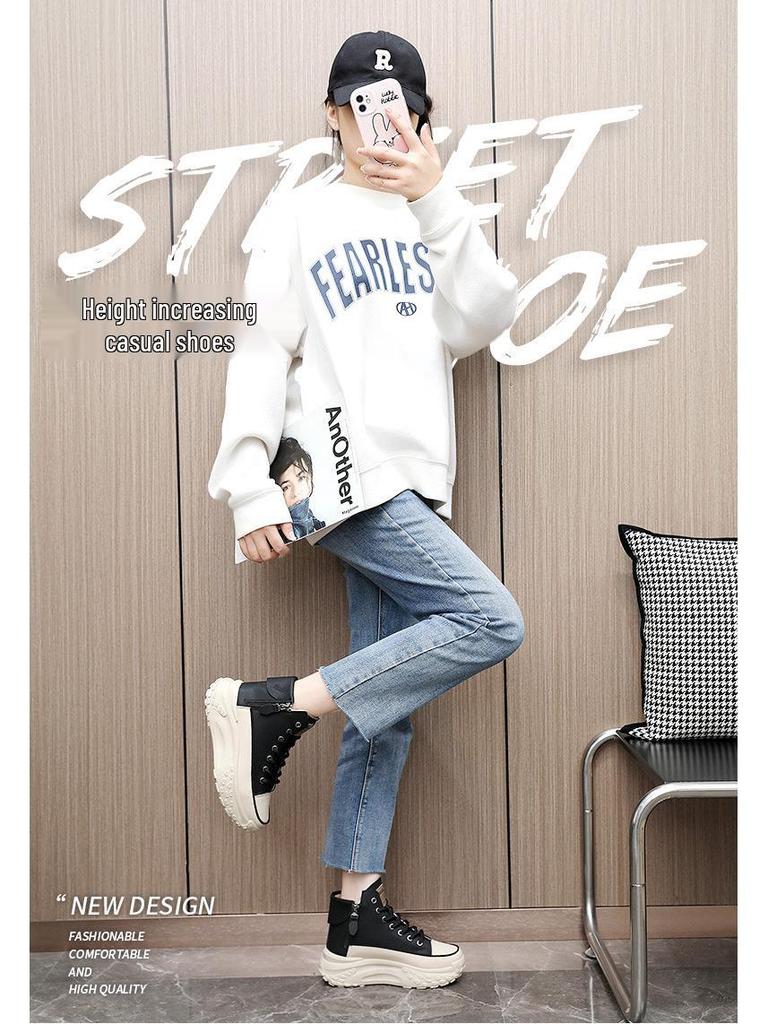 Women's ZY0011 High-Top Sneakers, Autumn 2023, Round-Toe, Thick-Soled, Height-Increasing, Casual Street Style.