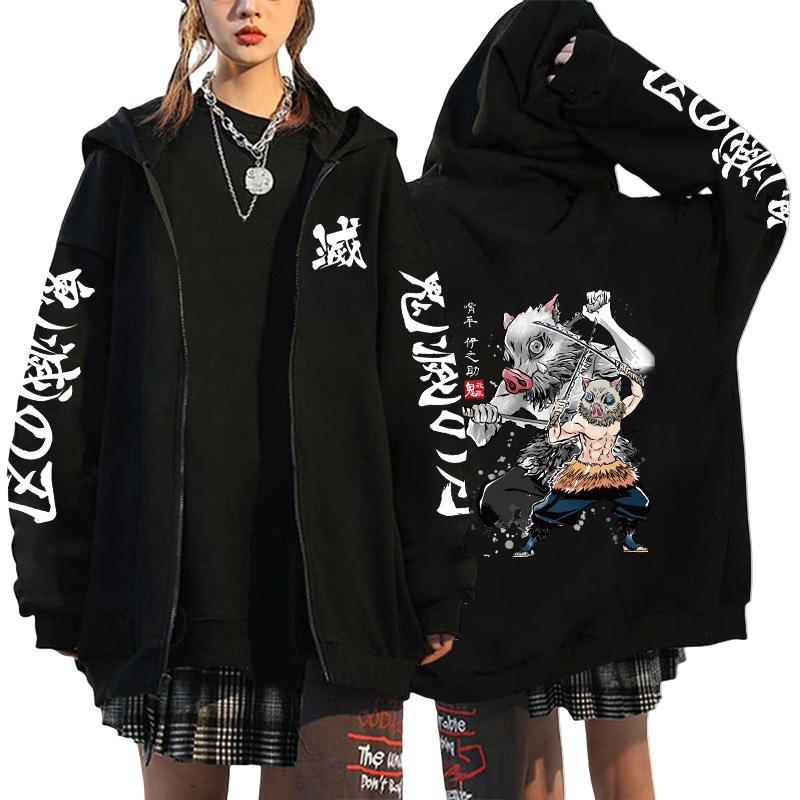 Women's Japanese Retro High Quality Hoodie Harajuku Anime Demon Slayer Printed Zipper Sweatshirt Outerwear Spring Loose Jacket