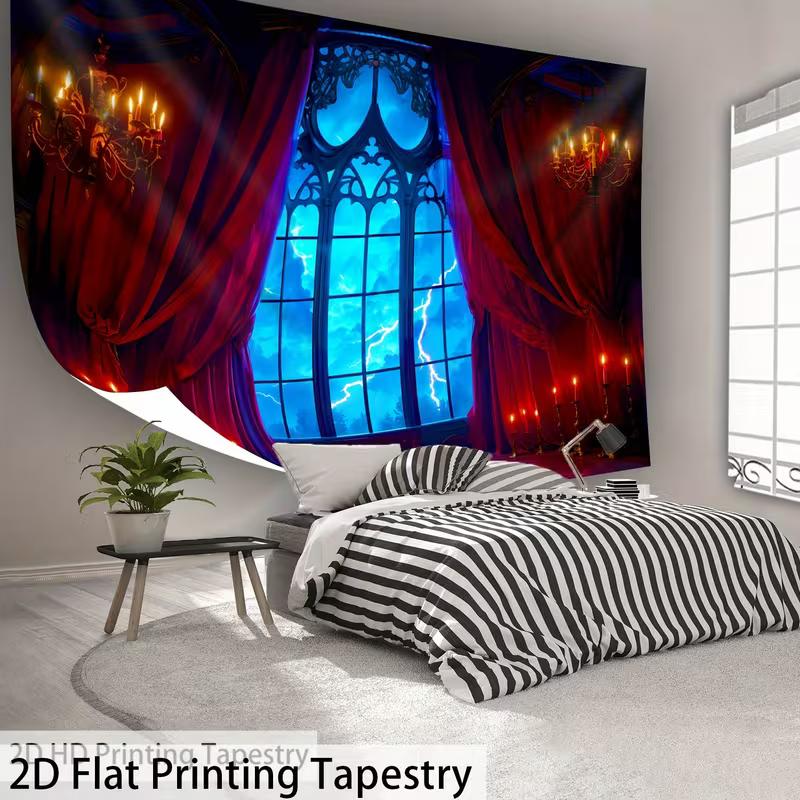 2D Dark Storm Night Tapestry Gothic Window Lightning Wall Background Cloth