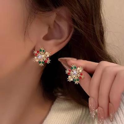 Crystal Christmas Snowflake Zircon Colorful Pearl Earrings Stud For Women Dangle Hook  Xmas Party  Jewelry Gift