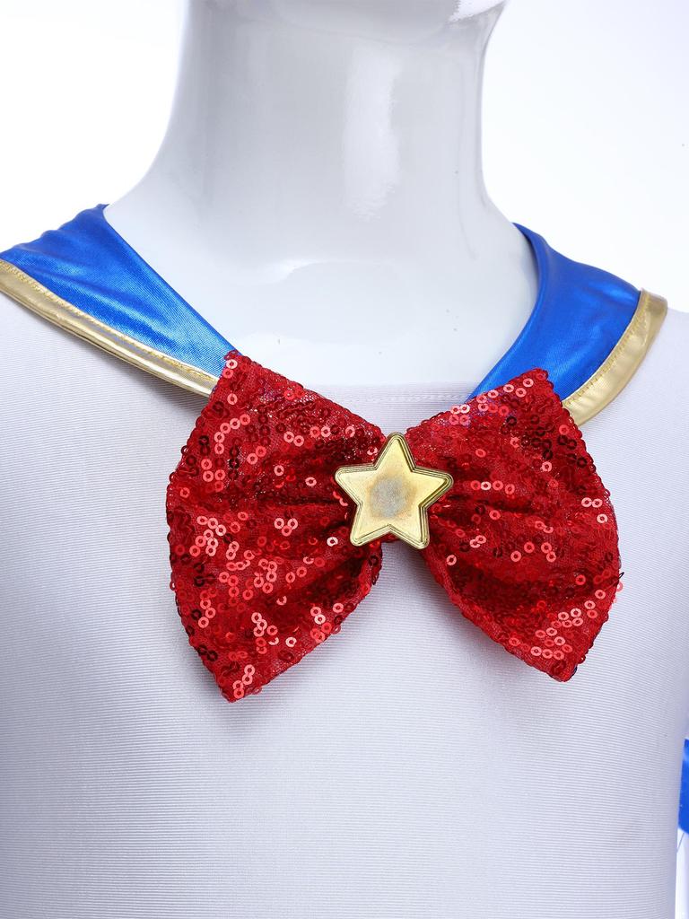 Costum de marinar pentru fete Bloc de culori Patchwork Luciu metalic Gât rotund Mânecă scurtă Cravată detașabilă Rochie bufantă