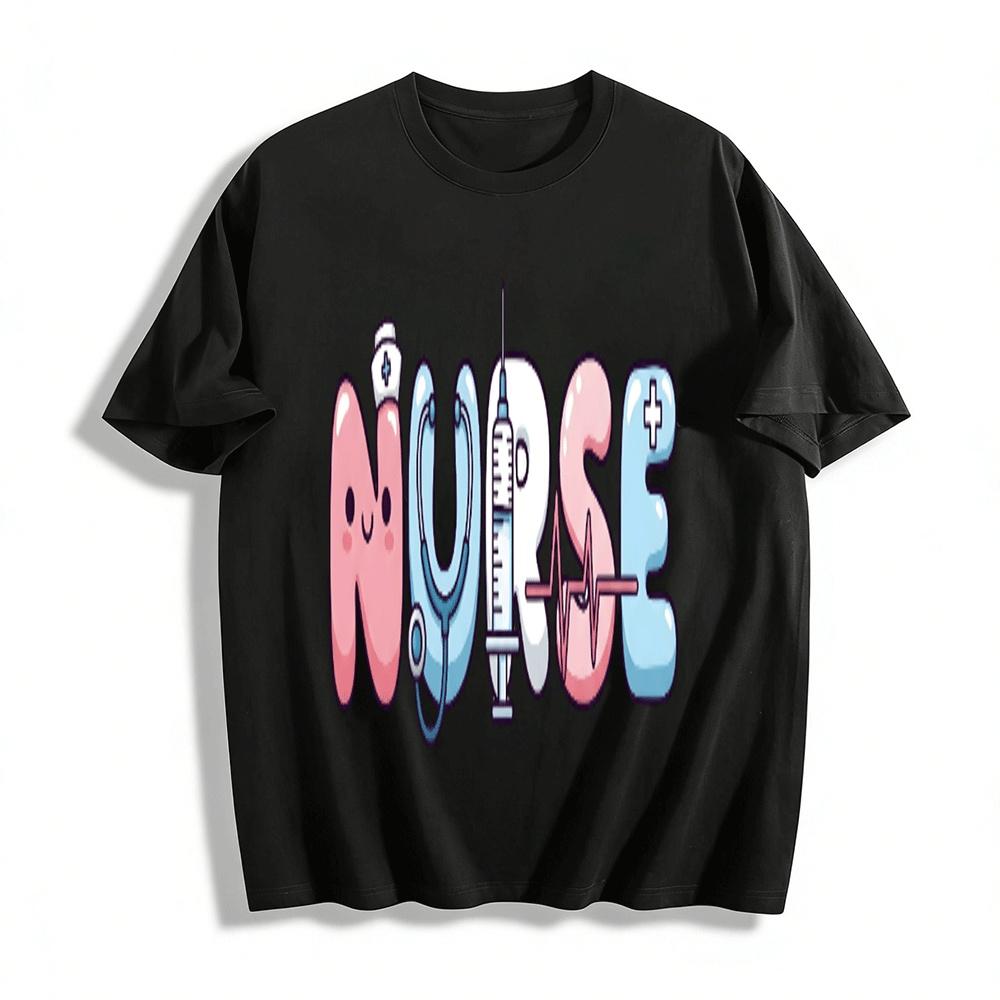Cute Nurse Themed Print Casual Short Sleeve T-Shirt Pure cotton T-shirt XXS