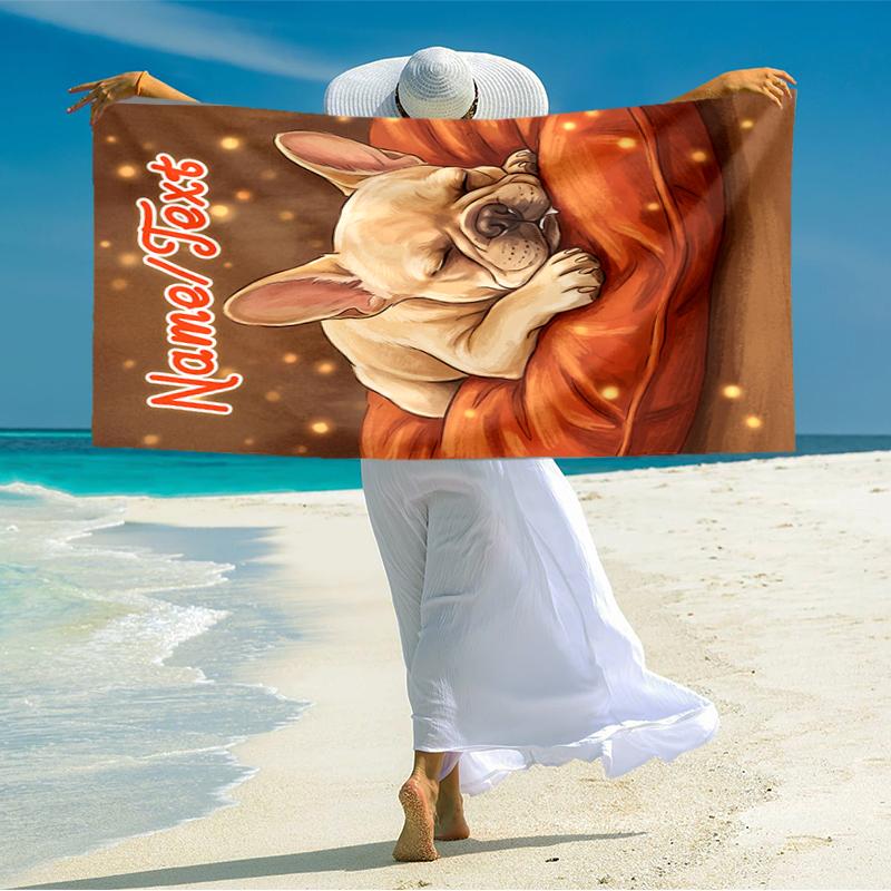 1PC Custom Name Sleepy French Bulldog Comfort Beach Towel Highly Absorbent And Sand-Resistant Towel for Swimming, Pool, Yoga, And Travel Lightweight
