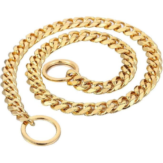 Chain Dog Collar 18K Gold Cuban Link Dog Chain Chain Collar Metal Stainless Steel Heavy Duty Slip Dog Collars for Small, Medium, and Large Dogs(15MM,