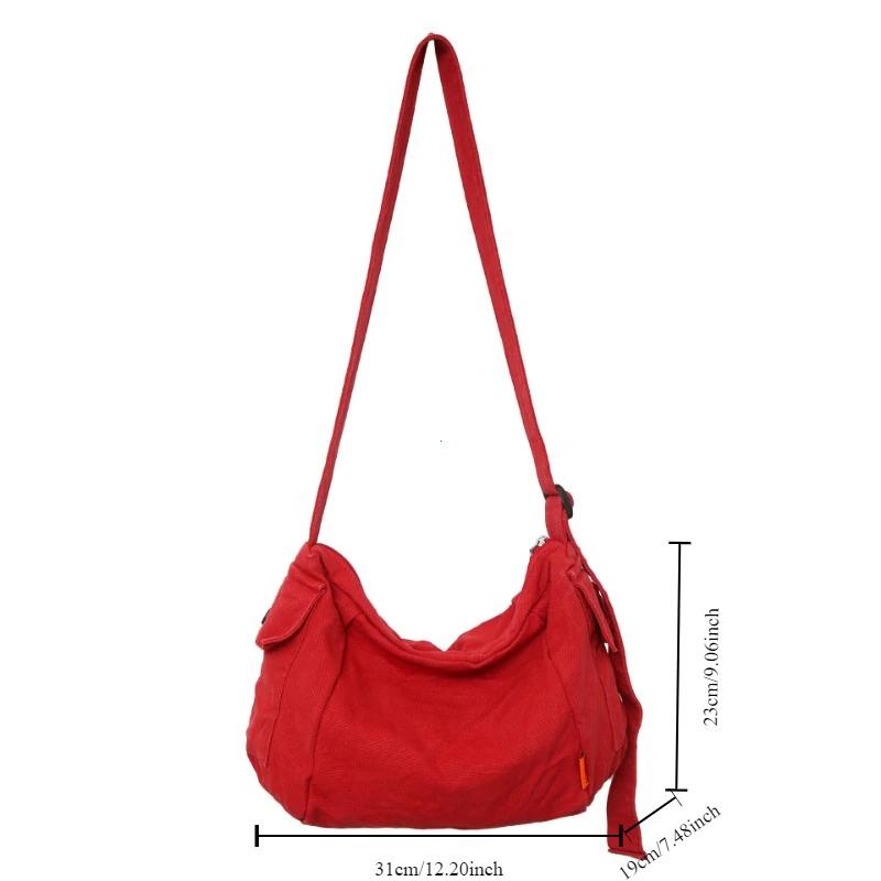 Female Canvas Fabric Hobo Soft Slouchy Shoulder Bag Y2K Student Leisure Medium Size School Book Laptop Pouch Messenger Side Bag
