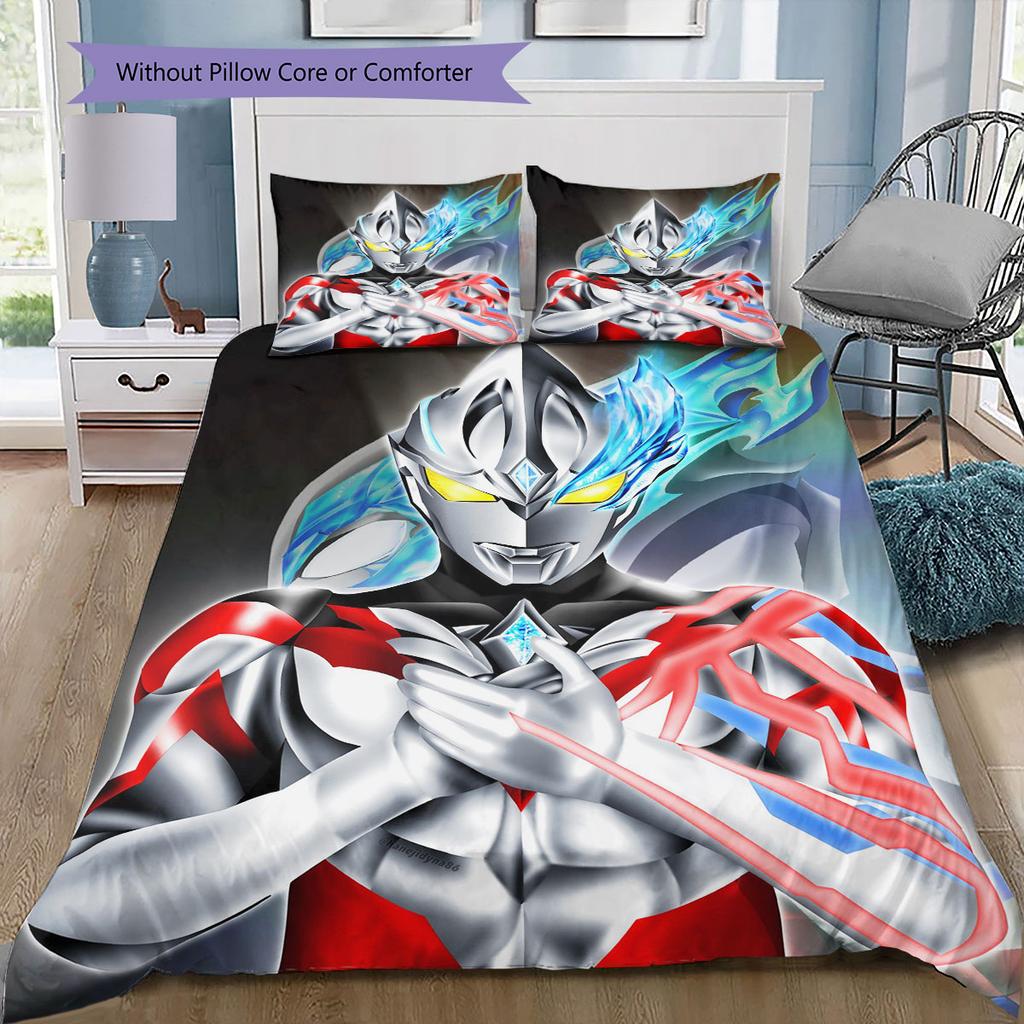 3pc Ultraman cartoon print unbleached bed sheet set(1*Duvet Cover + 2*Pillowcase, Without Core), for bedroom bedding decoration