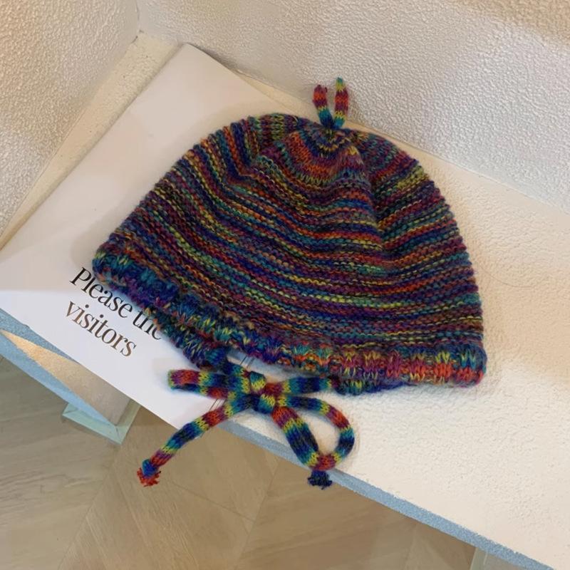 Winter Ear Protection Hat Rainbow Stripe Knitted Headgear Korean Women Fisherman Cap Girls Ski Riding Bonnet