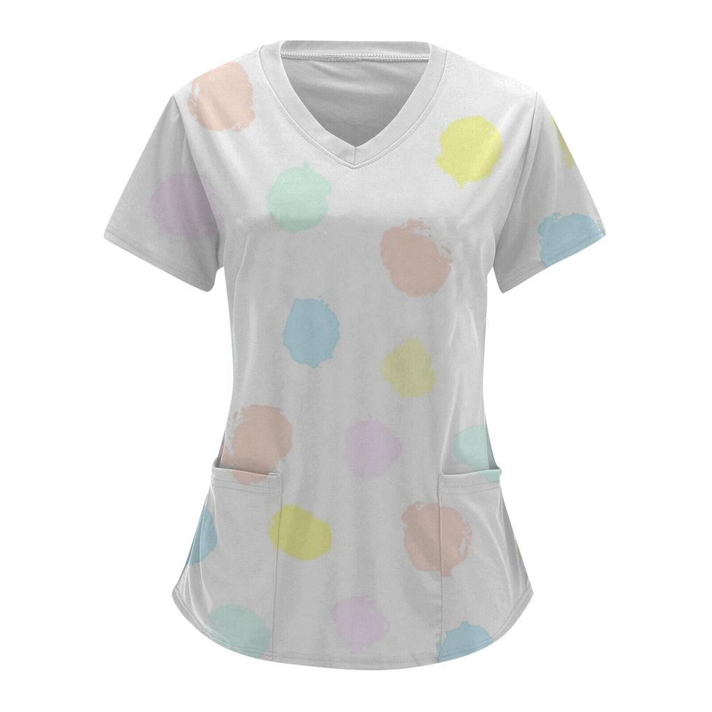 Women Fashion Easter Print V-neck Short Sleeve Workwear With Pockets Tops