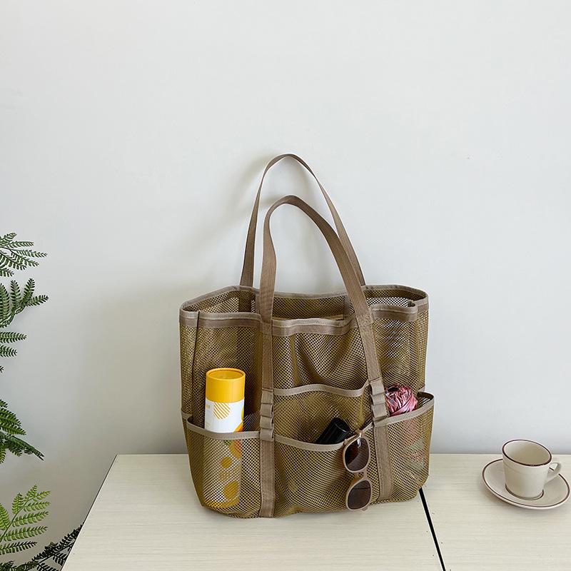 Bolsa de playa de malla portátil para mujer, bolsa de almacenamiento de maquillaje para viajes, bolsa de baño de verano, organizador, bolsa de compras