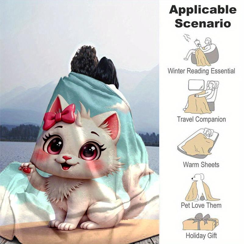 1pc Cute Cartoon Cat with Pink Bow Heart-Shaped Cartoon Blanket, Seasonal Home Decorative Blanket, for All Season Use, Bed, Couch, Office, O