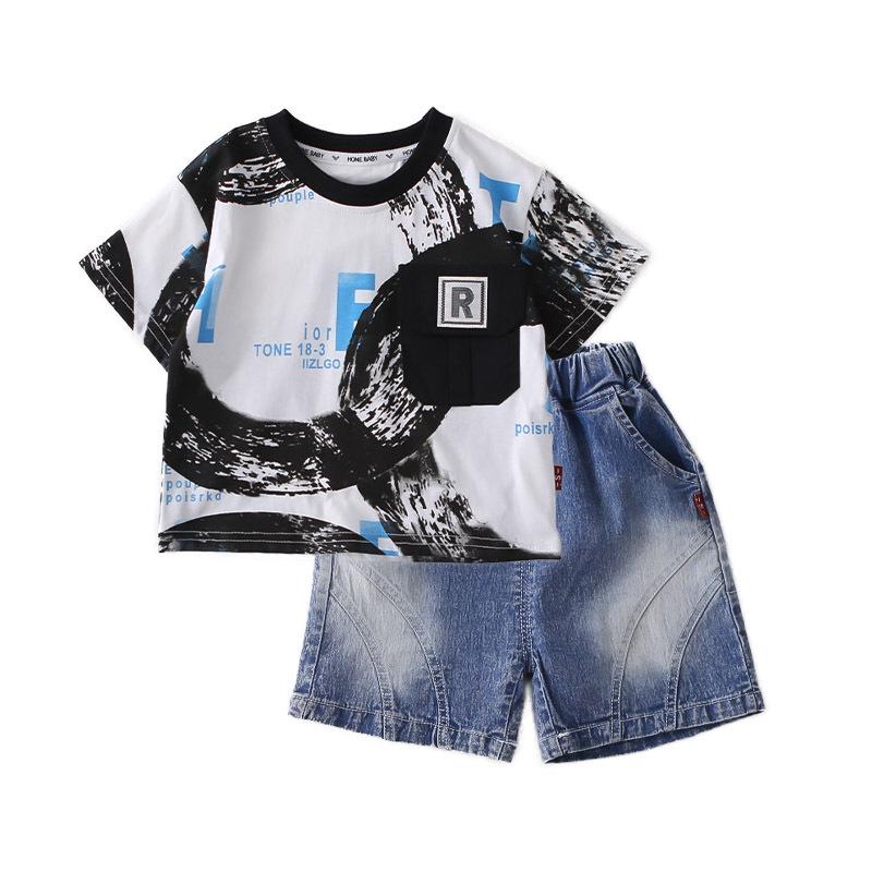 2026 New Boys' Summer Outfit: Stylish Infant Letter Pocket Short Sleeve Two-Piece Set