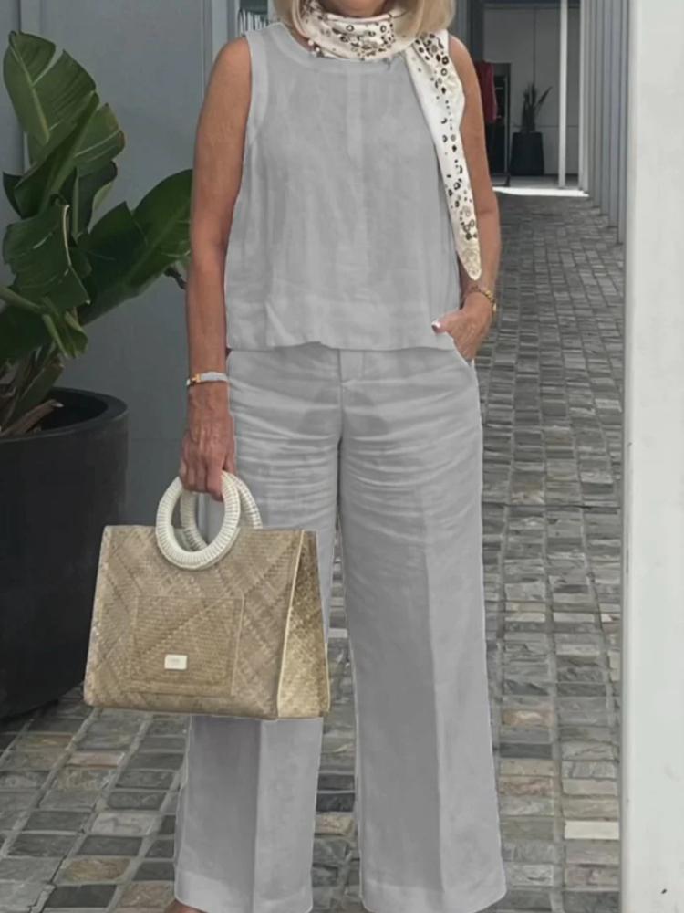 Women's Summer Casual Sleeveless Round Neck Top and Wide Leg Pants Set In Multiple Colors