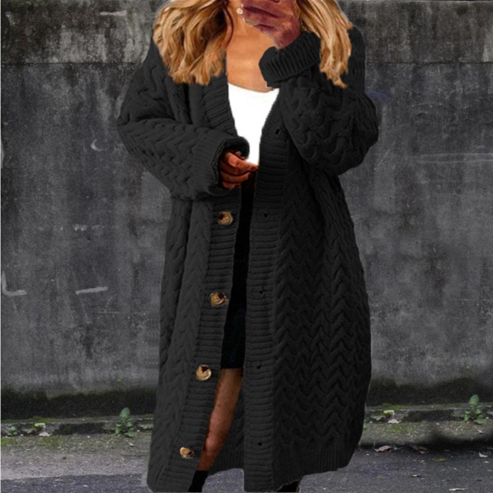 New Autumn and Winter Style Long Twisted Sweater Women's Solid Color Button-down Large Cardigan Coat