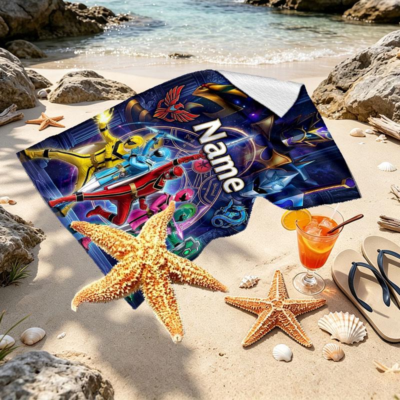 Custom Name Personalized Power Rangers Print Beach Towel, for Trip Camping Beach Party Home Decor, Birthday Gift for Family & Friends
