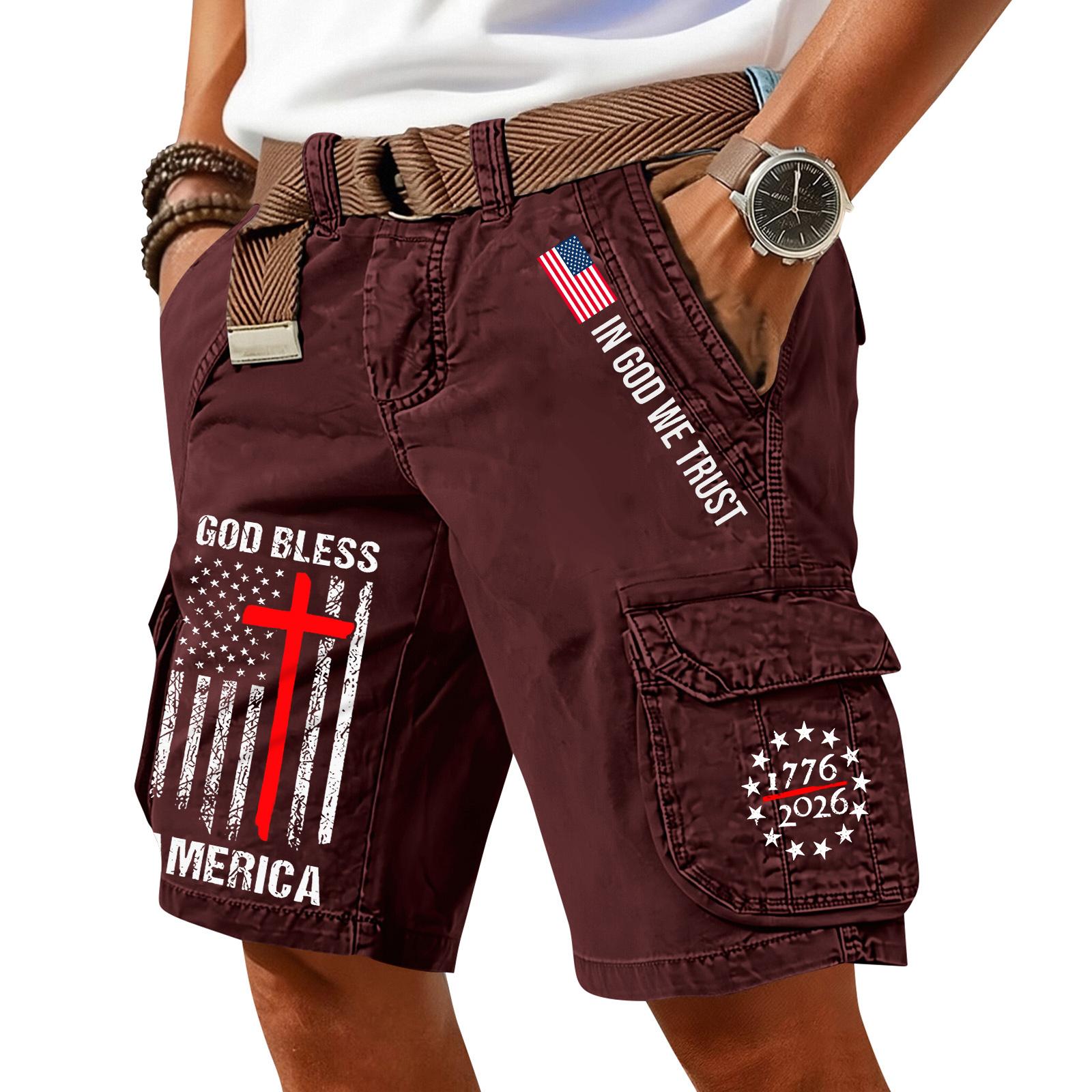 

Men s Summer Printed Casual Multi-Pocket Cargo Shorts XL винний