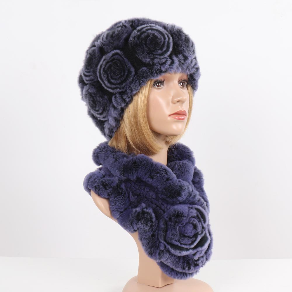 Нові Жіночі Зимові Хутряні Шапки Шарфи Набори Натуральні Теплі Справжні Шапки з Хутра Кролика Рекс Шарфи Леді В'язані Шапки з Натурального Хутра Шарф