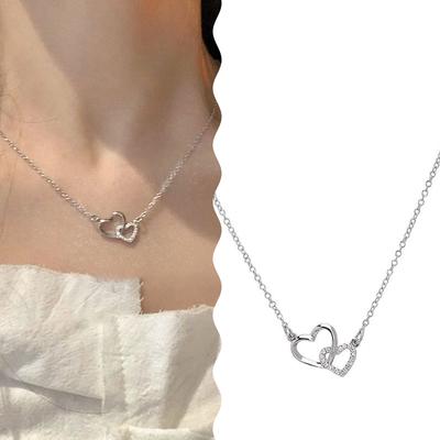Korean Style  Clavicle Chain For Women Double Heart Zircon Choker Necklace Vintage Neck Chain Simple Party Jewelry Gift