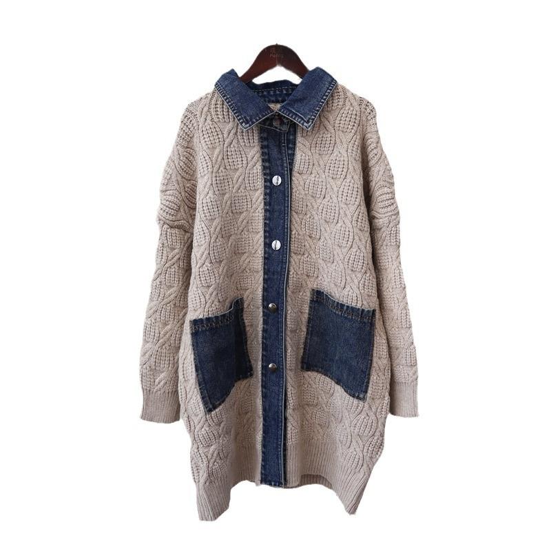Coarse needle sweater lazy wind women's autumn and winter new loose splicing denim knitted cardigan long coat