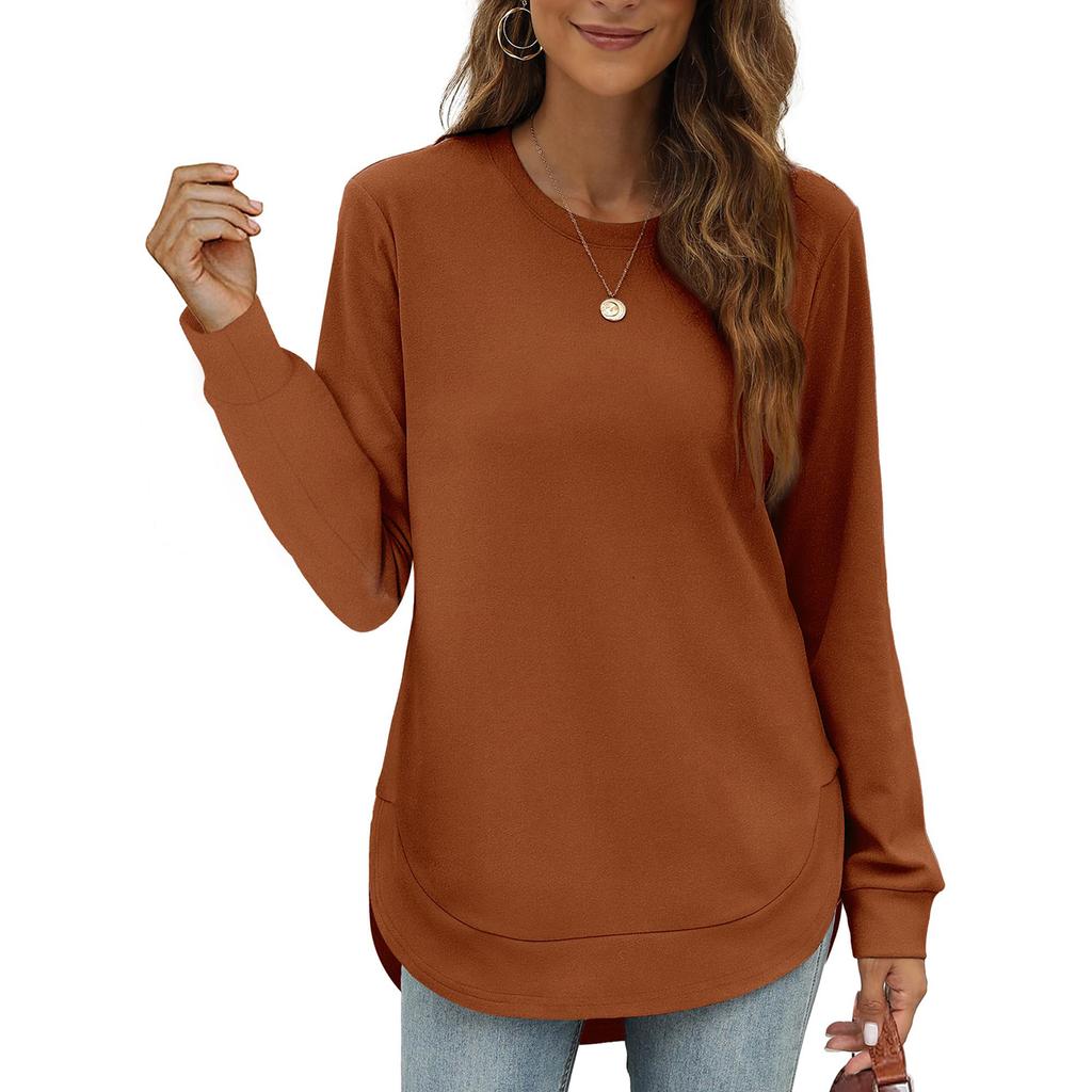Women's Casual Fashion Round Neck Loose T-Shirt Solid Colour Long Sleeve Top