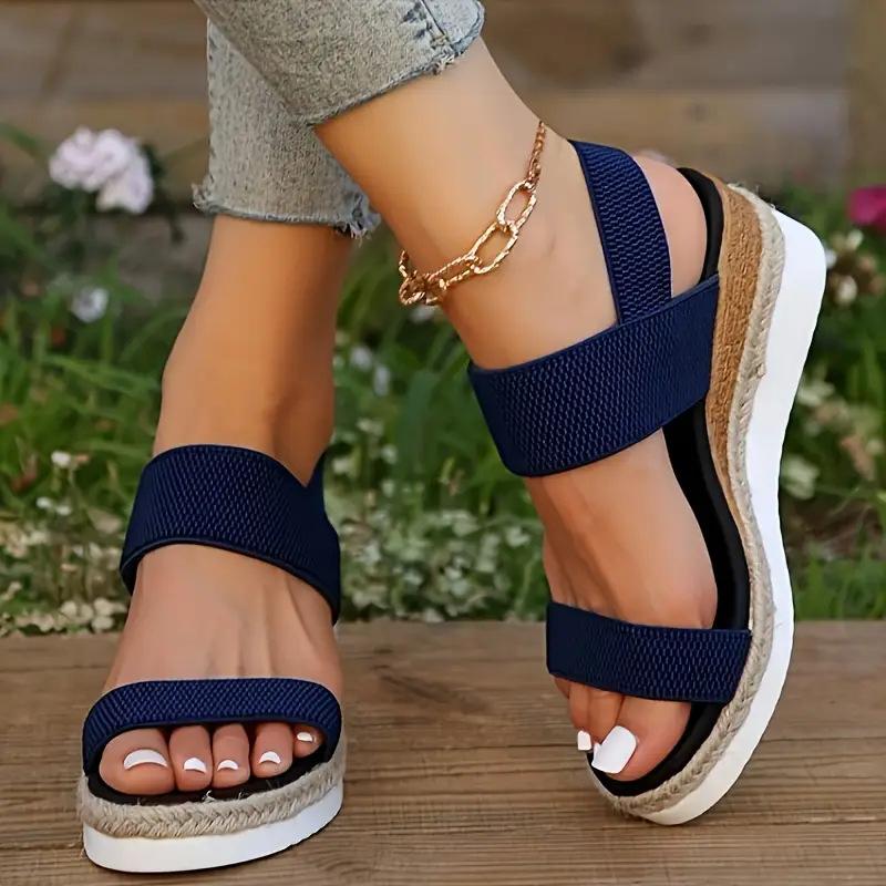 

Foreign trade large size platform sandals women s summer new hemp rope bottom fish mouth wedge elastic band beach sandals women 36 синий