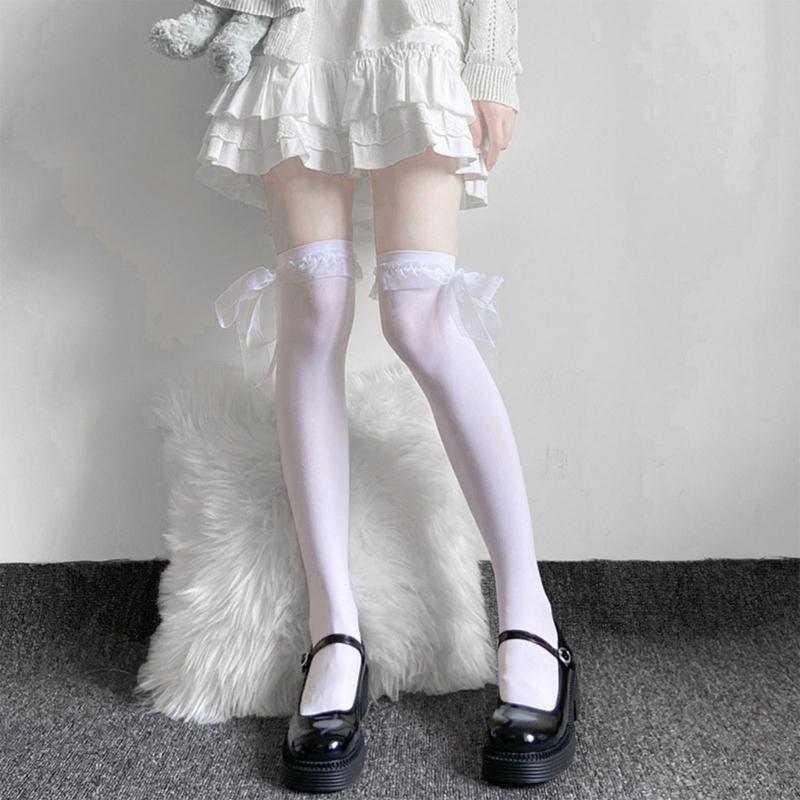 Bowknot Stockings Womens Lace Trims Thigh High Stockings Over Knee Long Stockings,Long Socks for Student Girl
