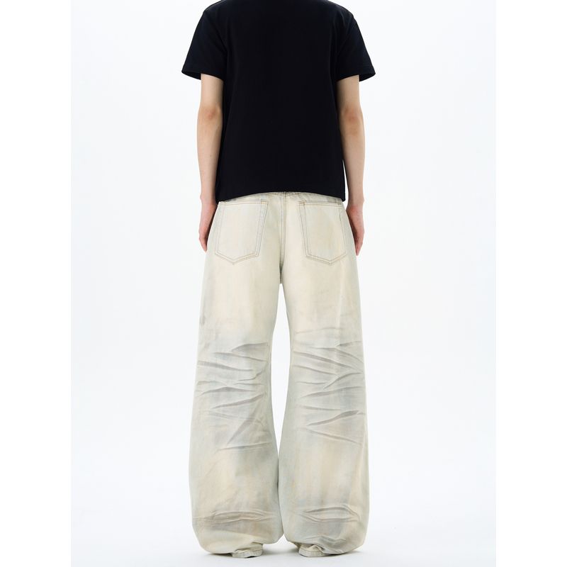 Kisko New High Street Dirty-Dyed Ripped Vibe Washed Jeans Unisex Trendy Brand Cool Loose Straight Pants