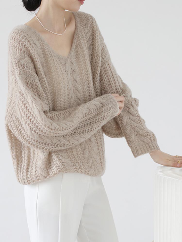 Women's Soft Mohair V-Neck Sweater - French Style, Lightweight Spring Knitwear