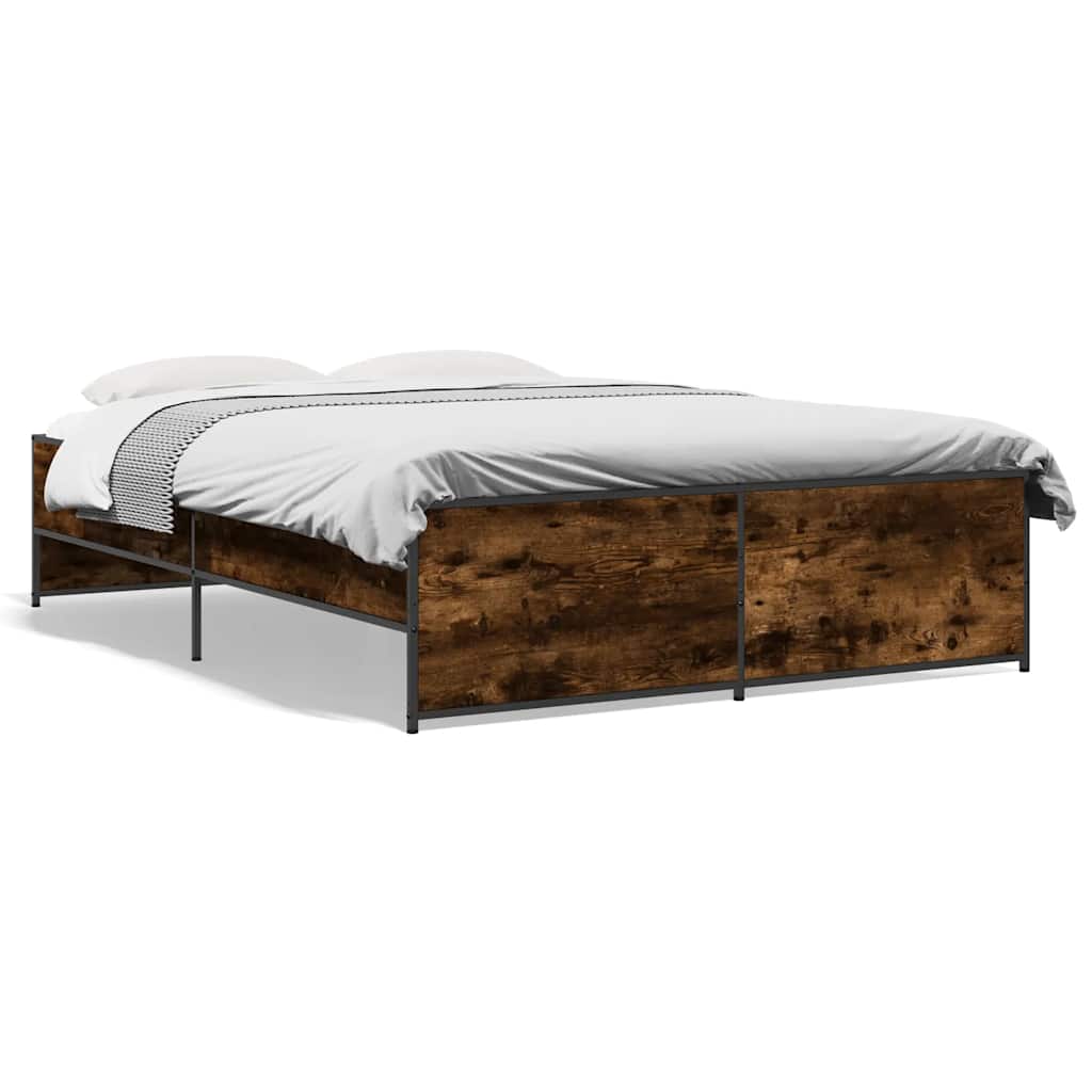Bed Frame Smoked Oak 135 x 190 cm Wood Based Panel and Metal