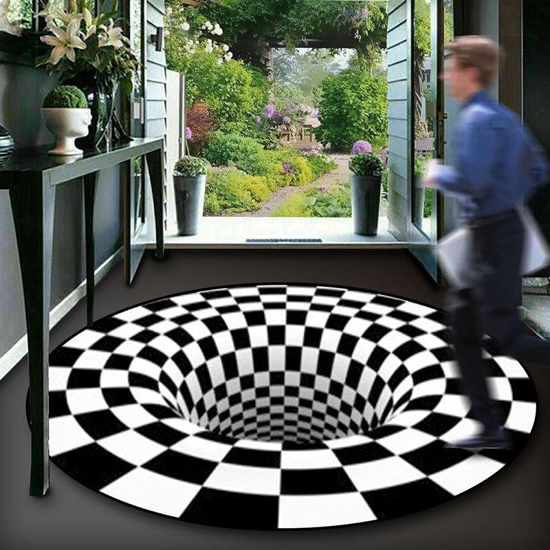3D Illusion Vortex Carpet: Black & White Grid Round Floor Mat