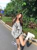 Women's Oversized Gray Off-Shoulder Sweater with American Letter Print, Perfect for Early Autumn.