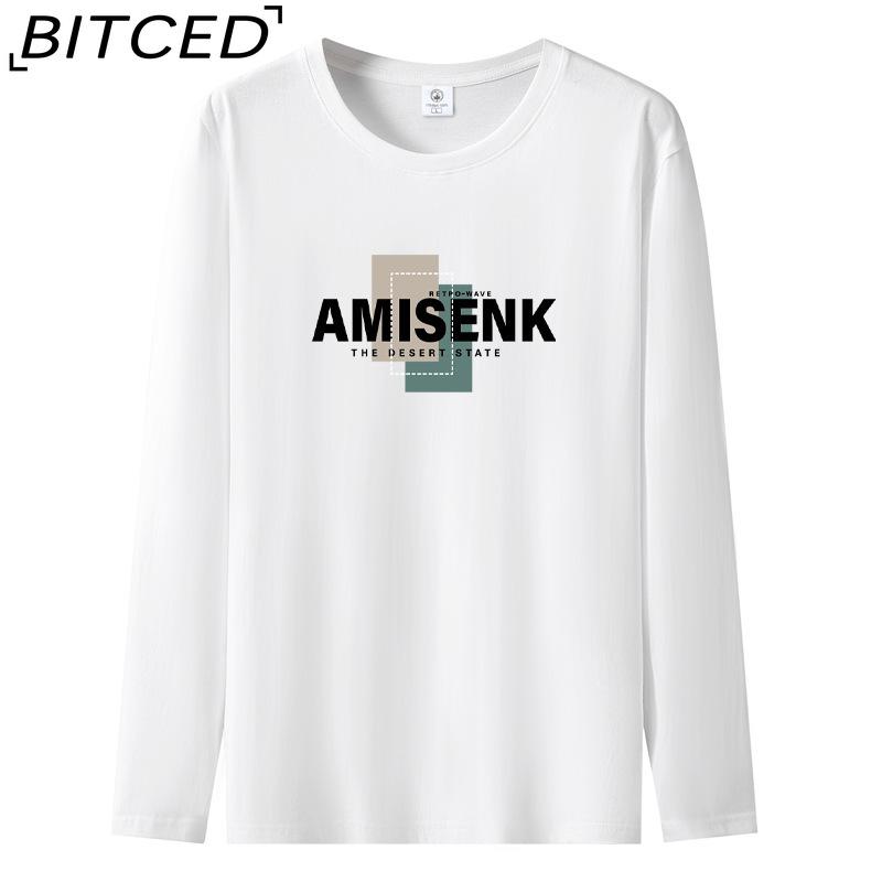 BITCED Мужская футболка с длинными рукавами, облегающая, весна-осень, универсальная рубашка с круглым вырезом