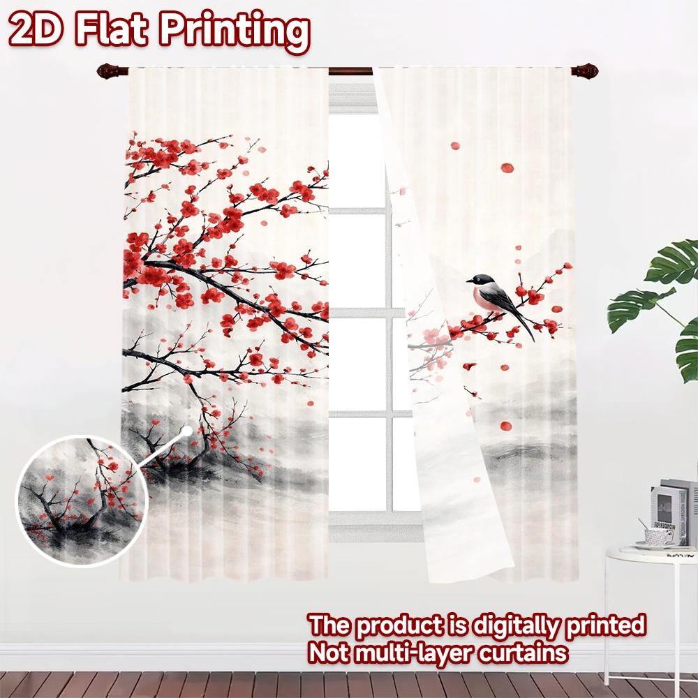 2D flat printing 2pcs Curtain Party Curtain Spring Blossom and Bird Digital Printed Polyester Drapes Holiday Decorations Use for