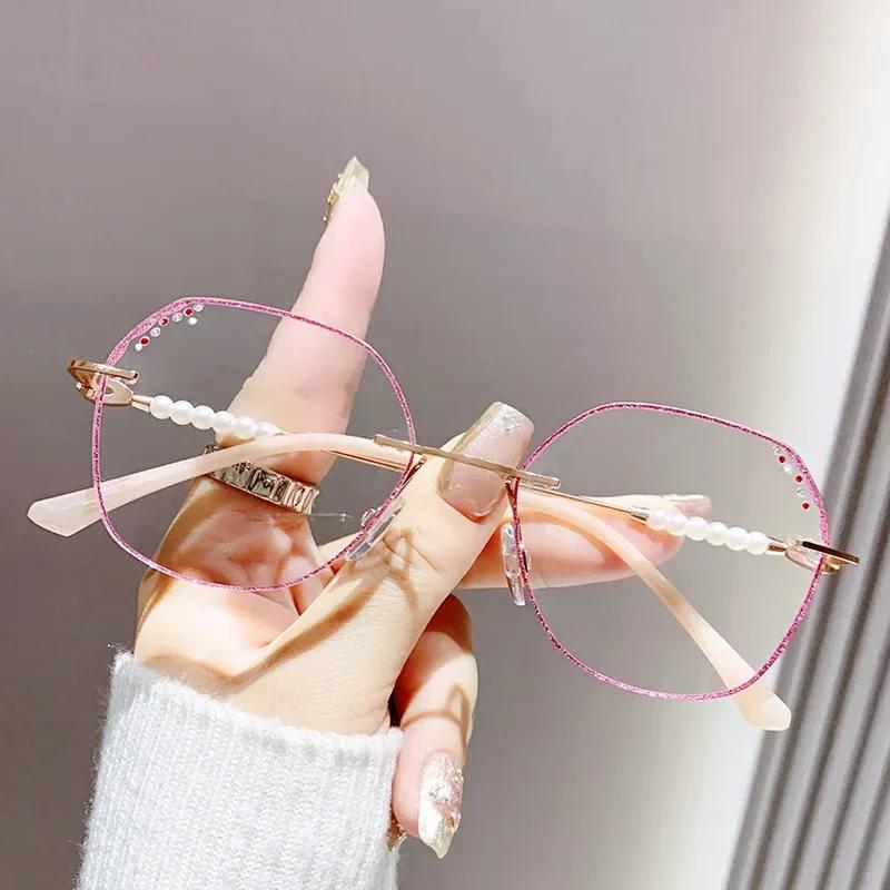 Metal Framed Anti Blue Light Reading Glasses Anti Radiation New Frameless Diamond Trimmed Presbyopia Glasses +1.0 TO +4.0