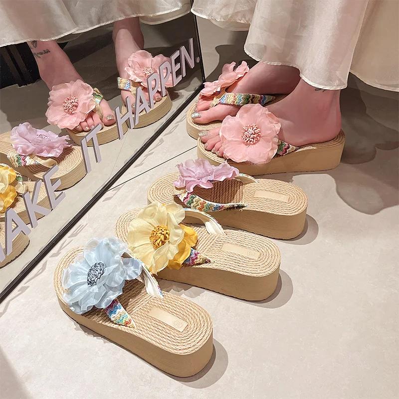 Summer Wedges Flip Flops Shoes Women Flower Thick Bottom Vacation Beach Slippers Casual Middle Hees Slides Zapatos De Mujer