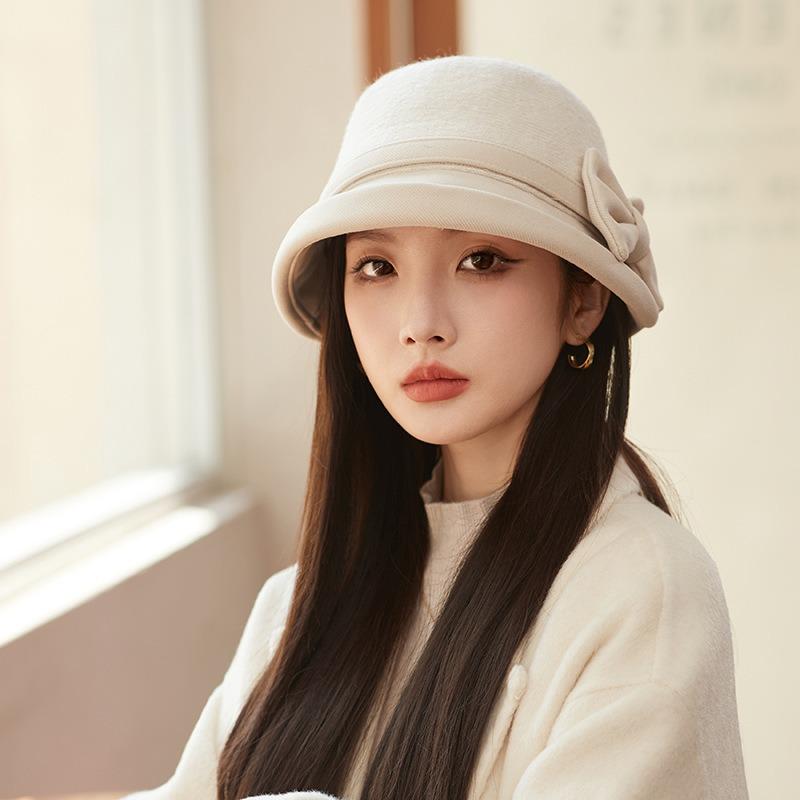 French Style Splicing Fisherman Hat Winter Warm Bow Decor Elegant Lady Hat