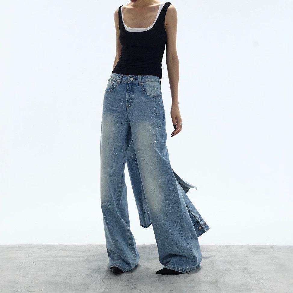 Starry Sky Shiny Wide-Leg Slimming High-Waisted Denim Pants for Women - Flaw-Concealing, Leg-Lengthening Straight Fit