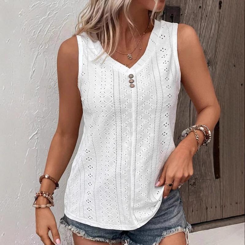 Summer T-shirt Women's Fashion Solid Color Casual V Neck Sleeveless Buttoned Vest T-shirt