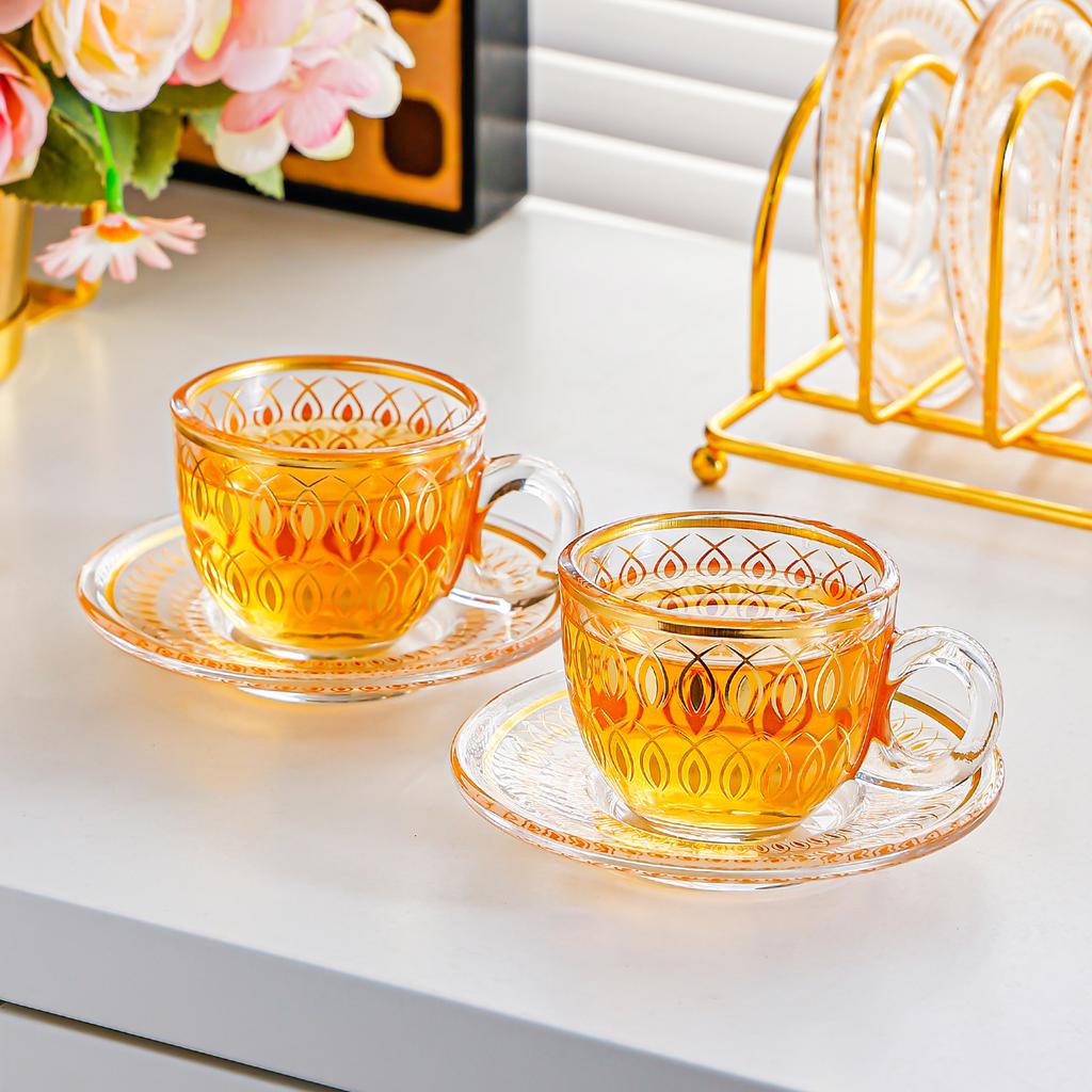6 Pièces Style Européen Bordure Dorée Mini Tasses à Café en Verre Mug Luxe Léger Set de Tasses à Thé de l'Après-midi Ustensiles de Boisson Ménagers