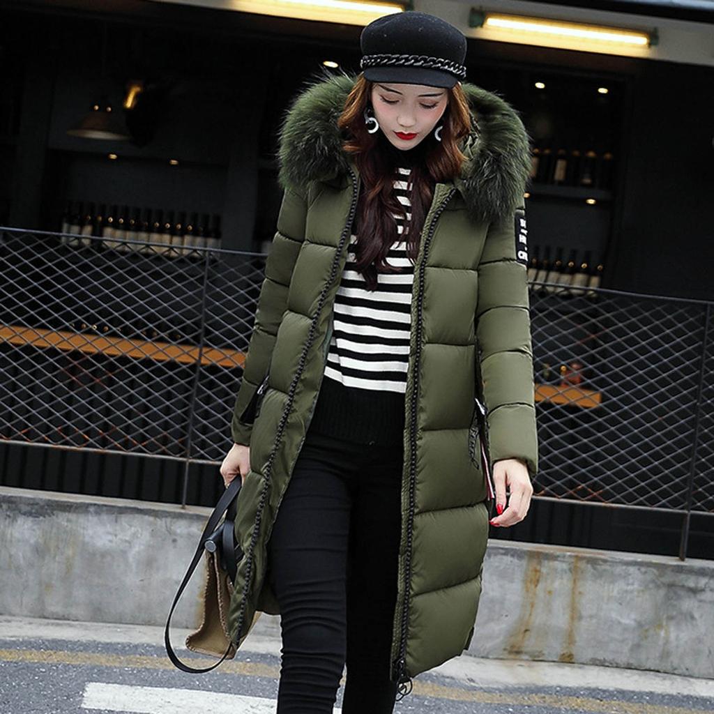 Women's Fashion Big Hair Collar Slim Waist Long Down Cotton Jacket Cotton Coat