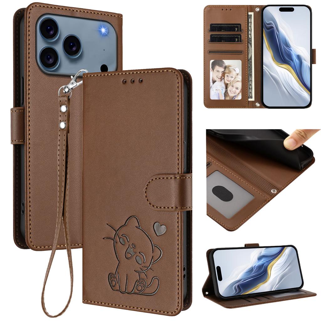 Embossed Cute Cat Cards Solt Wallet Leather Case For iPhone 17 Pro Max 16 Plus 16E 15 14 13 12 11 Bag Stand Strap Book Cover