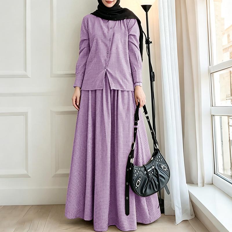 

ZANZEA Women Long Sleeve Blouse and Long Skirts Plaid Print Two Piece Suit Sets 5XL фіолетовий