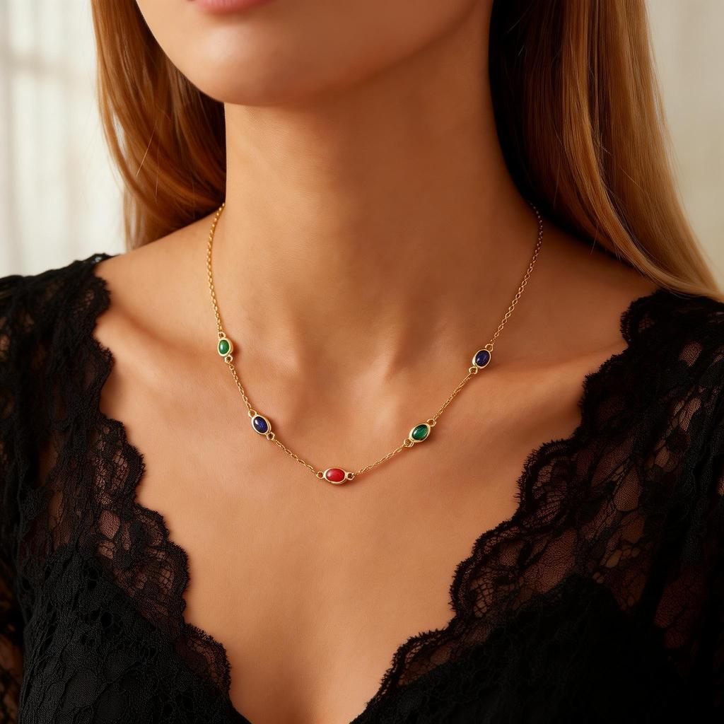 Coloured Natural Stone Necklace for Women 18K Gold Plated Choker Stainless Steel O-Chain Necklaces Luxurious Wedding Jewelry