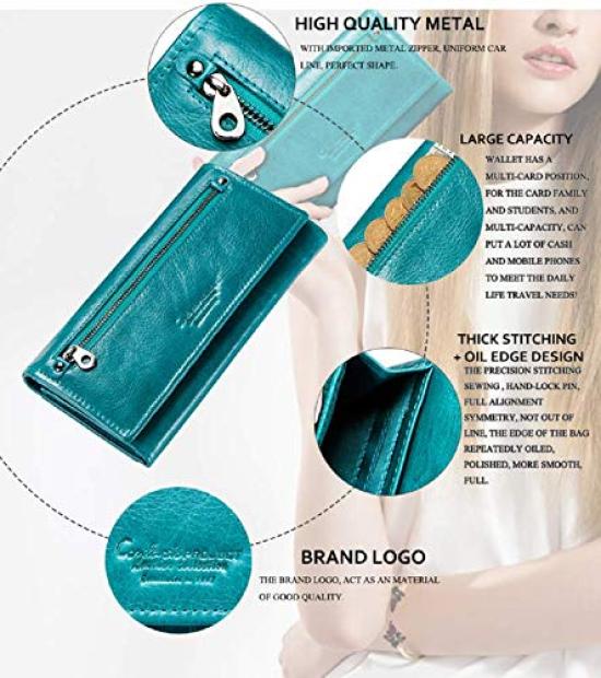 [CONTACTS] Genuine Leather Women's Wallet with RFID and Multi-Function Slim Bi-Fold Zipper Clutch Wallet, Teal Blue