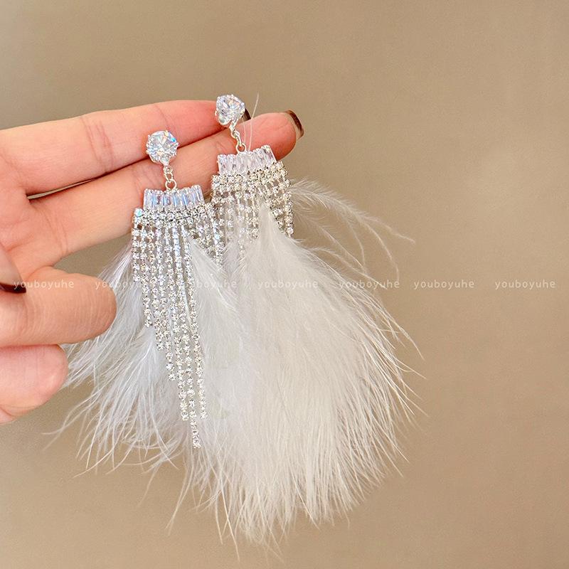 Silver Needle Zircon Feather Tassel Earrings: Elegant Autumn/Winter Long Style Fashion Jewelry.