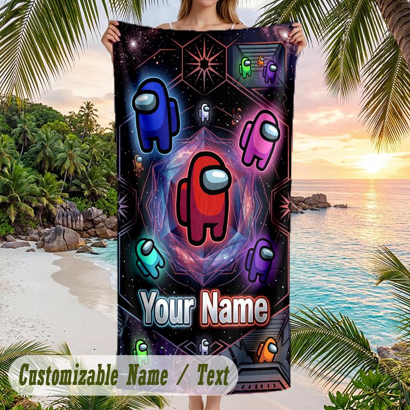 Toalla de Playa Among Us, Texto Personalizado a Medida, Toalla Grande Suave de Secado Rápido para Piscina y Viajes