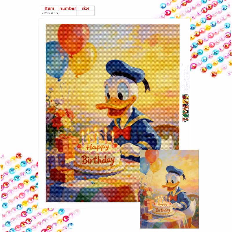 Disney Donald Duck Happy Birthday Diamond Painting Art Set Handmade Cross Stitch DIY Diamond Art Home Bedroom Wall Decor Gift Round 20x30cm